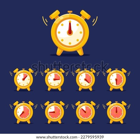 Clock game icons. Vector set of watches, stopwatch, alarm clock with moving arrows sequence frame for mobile application, game, web design, loading process, countdown timer, casino slot.Time animation