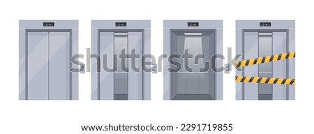 Elevator doors. Vector set of open, half closed and broken metallic elevator doors for building, office. Passenger or cargo lift gates with button panel, floor indicators digits. Elevator repair