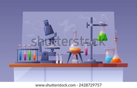 Chemical Laboratory equipment. Vector set of glassware with chemical reagents, microscope, glass tubes, beakers and pipeline, glass flasks, burner.Chemical scientific experiments with physics reaction