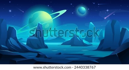 Mars surface landscape. Vector illustration of night alien planet with craters, saturn planet, mountains, rock, sky galaxy, comet and stars. Red desert in cosmos. Martian extraterrestrial background