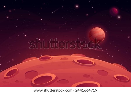 Mars surface landscape. Vector illustration of night alien planet with craters, saturn planet, sky galaxy, comet and stars. Red desert in cosmos.Martian extraterrestrial background for game, ui design