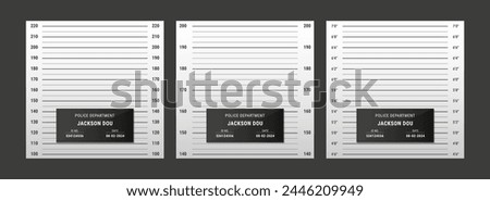 Police mugshot template. Vector background set of police lineup (centimeter scale and inch unit) or mugshot board with text signs for criminals photo. Criminal height wall. Identification frame