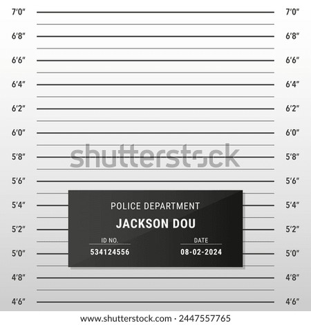 Police mugshot template. Vector background of police lineup (centimeter scale and inch unit) or mugshot board with text signs for criminals photo. Criminal height wall. Identification frame