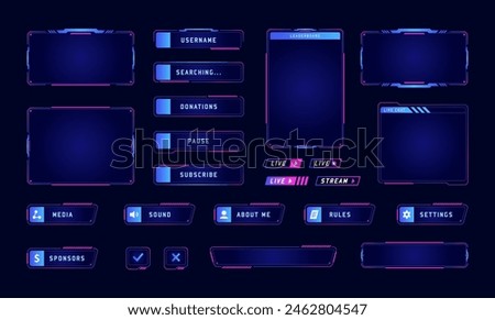 Game stream frames. Vector set of overlay frame, screen panel with buttons and video player for games streaming, live conference interface, twitch, leaderboard, broadcast.UI template.Cyber hud screen
