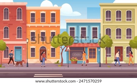 City street. Urban building scene view with colorful houses, walking people, trees, asphalt roadway, apartment exterior, cafe. Horizontal cityscape. Town landscape with buildings. Residential district