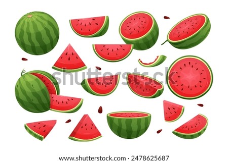 Watermelon icons set. Vector cartoon collection of ripe fruit pieces, halved and triangular slices, whole watermelons, rind, seed. Fresh green organic fruit. Sweet desserts. Healthy vegan food