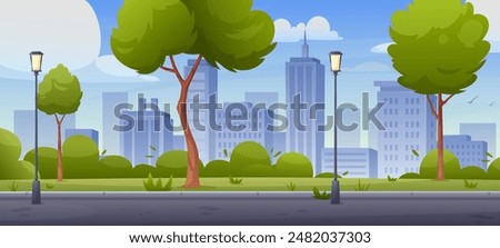 Central city park panorama. Vector illustration of spring summer park with trees, grass, walkway road, skyline, town buildings, lantern. Natural landscape. Healthy lifestyle concept of public garden