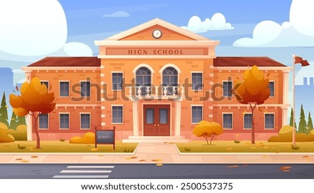 School building in Fall. Vector illustration of High school exterior with autumn garden, flag, plants and trees, cityscape,sky. Schoolhouse outside. Back to school banner. Children education, college 