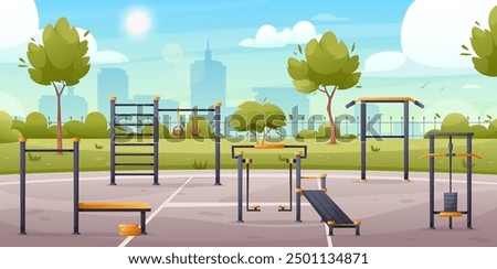 Street workout park. Vector illustration of city public park with sport equipment, nature gym zone, stadium, tree, playground. Outdoor sports area for fitness, strength training. Horizontal web banner