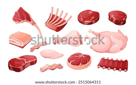 Meat products. Vector icon set of fresh meats with steak, ribs, lard, bacon slice for steakhouse menu, bbq, barbeque. Veal, pork, chicken, beef raw. Cartoon butchery shop, organic farm ingredient.