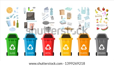 Waste management concept. Different types of Waste: Organic, Plastic, Metal, Paper, Glass, E-waste. Separation of waste on garbage cans for recycling. Colored waste bins with trash. Flat design vector