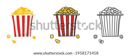 Set of popcorn bucket boxes isolated. Cartoon illustration of fast food in cinema. Flat vector. American traditional snack in doodle style. Large paper cup striped to the top filled with corn kernels