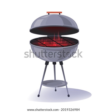 Round barbecue, BBQ charcoal grill with burning flame, cartoon style vector illustration on white background. Realistic  BBQ charcoal grill with fire and hot coals. Vector cartoon illustration