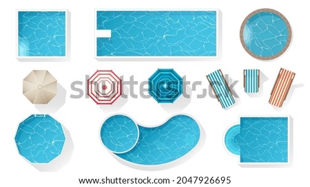 Set of different vector forms of swimming pools and outdoor furniture top view for design. Rectangular, square and circular pool. Chairs, sunbeds, umbrellas. Outdoor elements isolated on white.