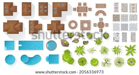 Set Architectoral and Landscape elements, top view. Collection of houses, plants, garden, trees, swimming pools, outdoor wooden furniture, tile. Flat vector. Tables, benches, chairs. View from above.
