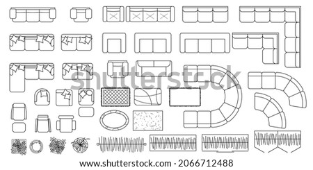 Furniture for living room Top view. Set of outline elements for interior design of flat, office, house, apartment. Interior icon, sofa, chairs, plant. Furniture symbol set.  Isolated Vector collection