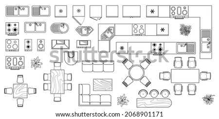 Kitchen and dining room furniture  top view. Set of architectural elements for interior design of house, apartment, office. Interior icon, equipment, tables, chairs, sink. Furniture symbol set. Vector
