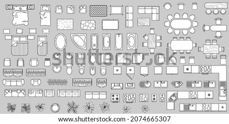Furniture top view. Set of outline  isolated objects for interior. Vector Illustration icon. Furniture and elements for apartments, living room, bedroom, kitchen, bathroom. Floor plan. Furniture store