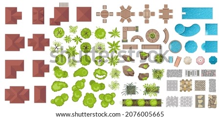 Set of Architectural and Landscape elements top view. Collection of houses, plants, garden, trees, swimming pools, outdoor wooden furniture, tile. Flat vector. Tables, benches, chairs. View from above