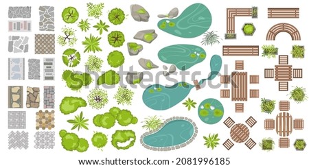 Collection of Architectural elements for landscape design top view. Vector Objects for projects, plans, map. Park elements. outdoor wooden furniture, table, bench, plants, trees, tile in flat style