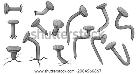 Cartoon bent nails. Set of Isolated steel metal nails. Carpentry concept isolated on white background. Construction vector illustration Stock foto © 