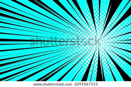 Blue Manga anime action frame lines with halftones. Pop art retro background with exploding rays of lightning comic style, vector illustration. Abstract explosive template with speed lines