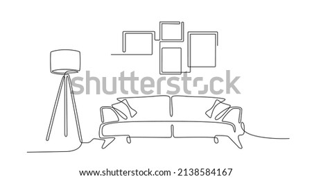 Continuous line interior with sofa, plant, lamp and frames for photo. One line drawing of Living room with modern furniture editable stroke. Single line. Hand draw contour. Flower in pot Doodle vector