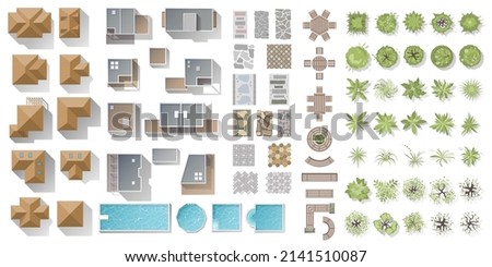 Architectural and Landscape elements top view for town, village. Collection of houses, plants, garden, tree, swimming pool, outdoor furniture, tile. Kit of tables, benches, chairs. View from above