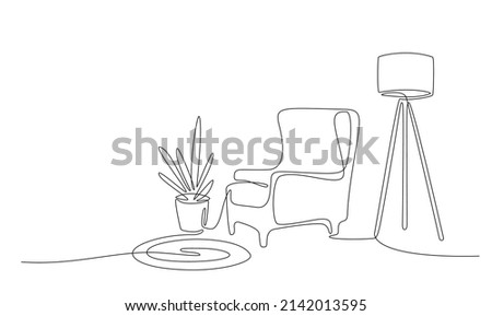 Continuous line interior with armchair, plant, floor lamp and carpet. One line drawing of Living room with modern furniture editable stroke. Single line. Handdraw contour. Flower in pot. Doodle vector