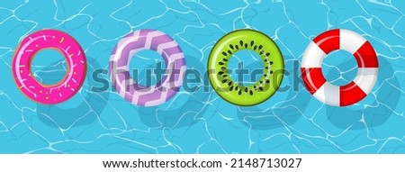 Swim rings set for summer party. Inflatable rubber toy colorful collection. Top view swimming circle for ocean, sea, pool. Lifebyou swimming rings. Summer vacation or trip safety. Kiwi