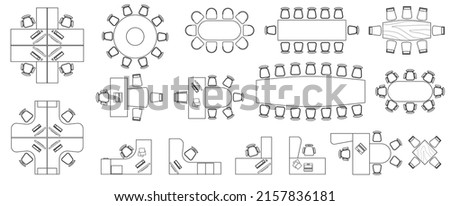 Office Furniture elements top view vector set. Kit for plan of office, house, apartment, workspace. Collection of Interior icon. Table, chair, sofa, plant. Symbol for interior design, project