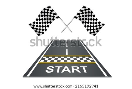 Race track road with flags and start line perspective view. Road design template in flat style background. Race car track with start line and flags. Vector Kart race. Abstract concept graphic element