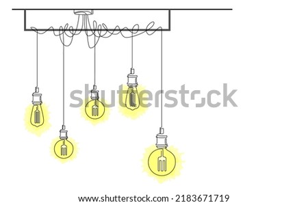 Continuous one line drawing of modern loft chandelier with pendant lamps with Edison bulbs. Line drawing of shining lightbulbs in lineart style. Horizontal vector illustration with place for text