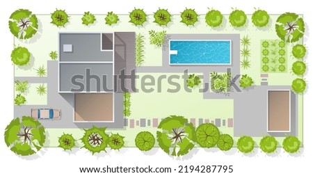 Top view landscape design plan with house, courtyard, lawn and garage. Highly detailed plan of a country Top view of a house. Vector illustration of Cityscape or Map of town, village