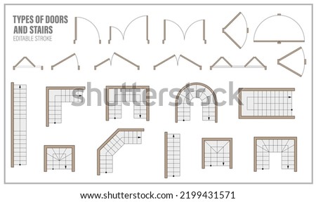 Set of doors and stairs for floor plan top view. Kit of icons for interior project. Architectural elements for scheme of apartments. Construction symbol, graphic design element, blueprint. Vector