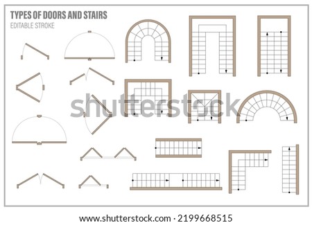 Set of doors and stairs for floor plan top view. Kit of icons for interior project. Architectural elements for scheme of apartments. Construction symbol, graphic design element, blueprint. Vector