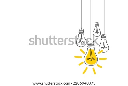 Idea concept with one line bulbs. Innovation ideas. Creative idea banner with lamps. Process of untangling wire to supply electricity to lightbulb. Sign of creativity. Vector illustration. Template
