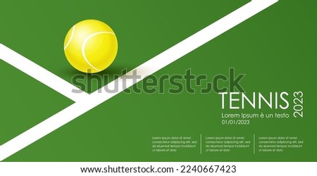 Tennis championship and tournament poster. Illustration for sports competition, lawn tennis championship. Ball on the Line. Tennis court and ball. Sports equipment. Modern illustration for card, cover
