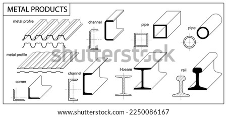 Metal rolled products profiles and isometric view. Steel beam, pipe, rail, girder, construction barss, corner, square, round tube. Aluminum elements for metalwork. CAD Set for metallurgy industry