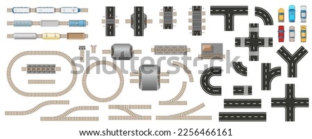 Set of railway and road elements, trains and cars for city map top view . Transport kit for design of town, country plan. Seamless constructor of City transport. Car, station, train, wagon, locomotive