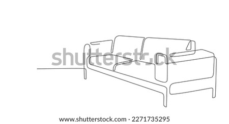 Continuous line drawing of sofa editable stroke. One line of interior Living room with modern furniture. Single line furniture. Hand draw contour of divan. Doodle vector illustration. Front view
