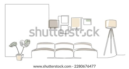 Continuous line interior with sofa, plant, lamp and frames for photo. One line colored drawing of Living room with modern furniture editable stroke. Single line. Handdraw contour. Doodle vector