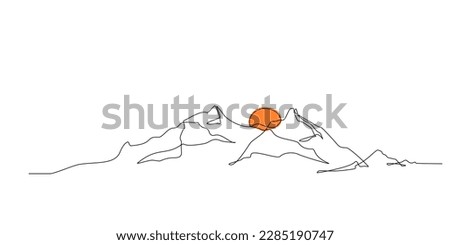 Continuous line drawing of sun and mountain range landscape background. One single line drawing of mountain panoramic view. Line art style illustration of nature. Vector linear style.Doodle, handdrawn