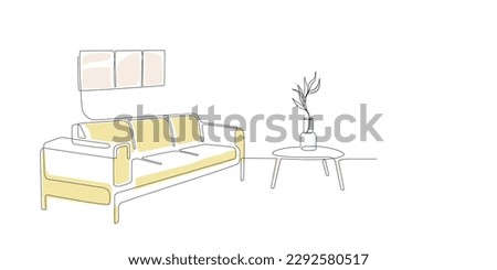 Continuous line drawing of sofa, photo frames and plant with abstract color shapes. One line interior Living room with modern furniture. Single line element Hand draw contour. Doodle illustration