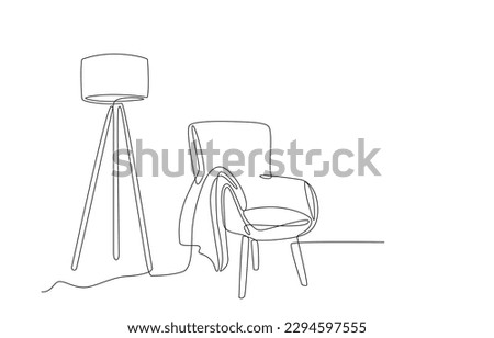 Continuous line drawing of armchair, plaid, floor lamp. One line of cozy interior Living room with modern furniture. Single line Hand draw contour of indoor furniture. Doodle vector illustration