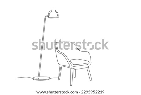 Continuous line drawing of armchair and floor lamp. One line of interior Living room with modern furniture. Single line furniture elements. Hand draw contour of furniture. Doodle vector illustration