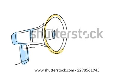 Continuous one line megaphone, loudspeaker with colored shapes. Single line of horn speaker for marketing promotion, news, business concept, announcement and employee hiring in linear style