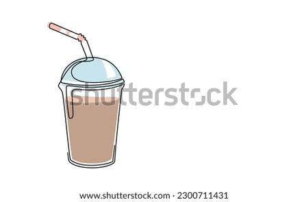 Milkshake of coffee in plastic cup in one continuous line drawing style. Fast food drink in lineart style. Single line, editable stroke. Milk shake or soda takeaway drink. Modern vector illustration