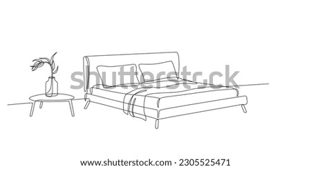 Continuous single line drawing of bed, plaid and flower in vase on table. One line drawing. Interior of bedroom with furniture: double bed and plant for hotel, apartment, flat. Line art doodle vector