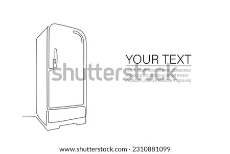 One line drawing of refrigerator in retro style with place for text. Continuous line drawing of Home appliance, fridge. Editable stroke contour of refrigerator Doodle hand drawn vector Poster template